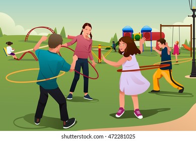 A vector illustration of happy kids playing hula hoop together in the park