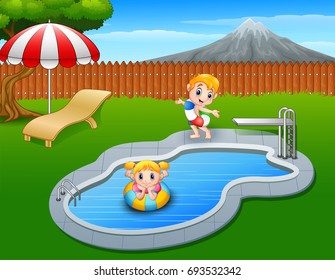 Vector illustration of Happy kids playing in swimming pool