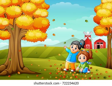 Vector illustration of Happy kids playing with autumn leaves