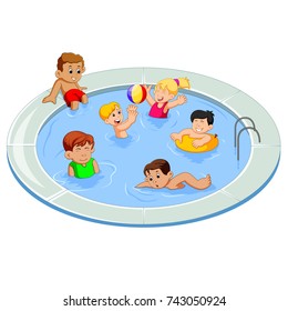 vector illustration of happy kids playing in an outdoor swimming pool