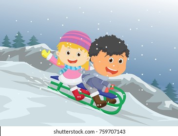 Vector illustration of happy kids playing sledge