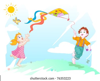 Vector illustration, happy kids playing, card concept.