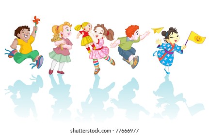Vector illustration, happy kids playing, cartoon concept, white background