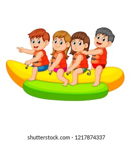 vector illustration of Happy kids ride on banana boat