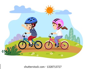 Vector illustration of happy kids riding bicycles in the park.