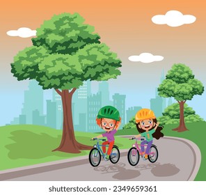 Imagen vectorial de niños felices montando bicicletas en el parque