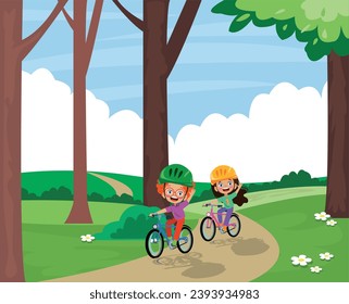 Vector illustration of happy kids riding bicycles in the park