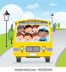 Vector illustration of happy kids riding on school bus