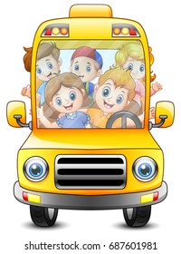 Vector illustration of Happy kids riding with a bus