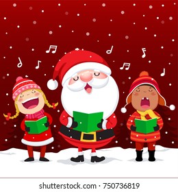 Vector illustration of happy kids with Santa Claus singing Christmas Carols