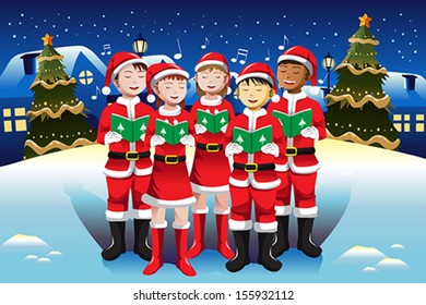 A vector illustration of happy kids singing in Christmas choir