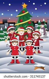 A vector illustration of happy kids singing Christmas Carols