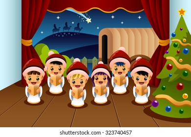 A vector illustration of happy kids singing Christmas Carols