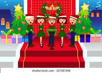 A vector illustration of happy kids singing Christmas Carols