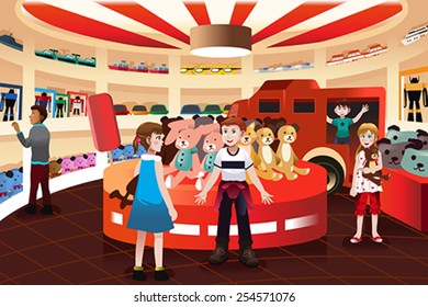 A Vector Illustration Of Happy Kids In A Toy Store