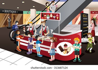 A vector illustration happy kids waiting in line for ice cream