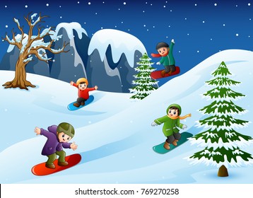 Vector Illustration Of Happy Kids In Warm Clothes Snowboarding Downhill