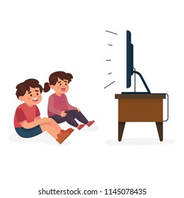 ilustración vectorial niños felices viendo televisión, niño y niña viendo televisión