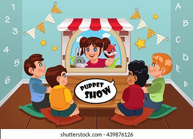 A Vector Illustration Of Happy Kids Watching Puppet Show