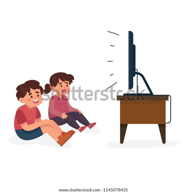 テレビを見ている幸せな子どもたち 男の子と女の子がテレビを見ているベクターイラスト のベクター画像素材 ロイヤリティフリー