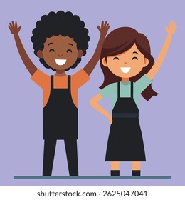 Vector Illustration of Happy Kids Wearing Aprons and Raising Hands in Celebration.