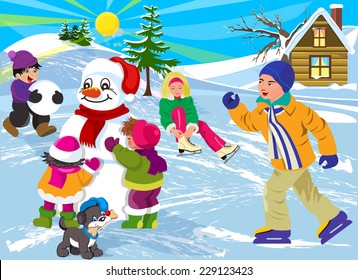 Vector illustration Happy Kids in Winter Season