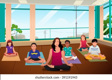 A Vector Illustration Of Happy Kids In A Yoga Class