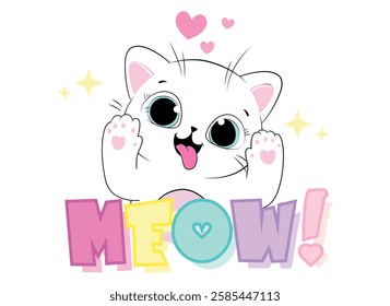 Vector illustration, happy kitten on white background, ideal for printing, posters, dedications, screen printing, posters, birthdays, etc.