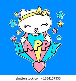 VECTOR ILLUSTRATION OF A HAPPY KITTY CAT WITH CLOTHES, SLOGAN PRINT
