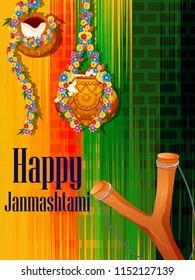 vector illustration of Happy Krishna Janmashtami background with pot of cream ( Dahi Handi )