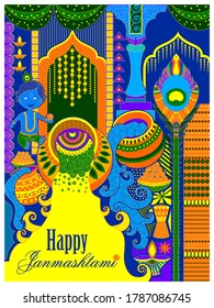 vector illustration of Happy Krishna Janmashtami background with pot of cream ( Dahi Handi )
