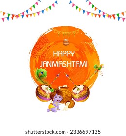 ilustración vectorial de la celebración del festival religioso de Happy Krishna Janmashtami con fondo de olla de crema ( Dahi Handi )
