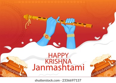 vector illustration of Happy Krishna Janmashtami religious festival celebration background with pot of cream ( Dahi Handi )
