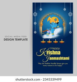 Vector illustration of Happy Krishna Janmashtami social media feed mockup template