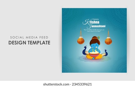 Vector illustration of Happy Krishna Janmashtami social media feed mockup template