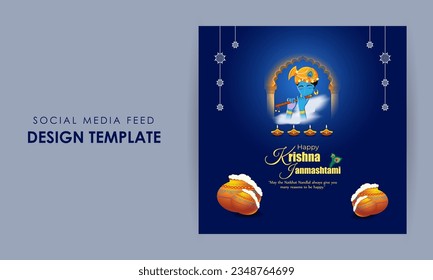 Vector illustration of Happy Krishna Janmashtami social media feed mockup template