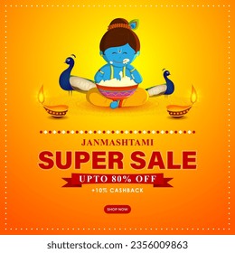 Vector illustration of Happy Krishna Janmashtami Sale social media feed template