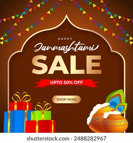 Vector illustration of Happy Krishna Janmashtami Sale social media feed template
