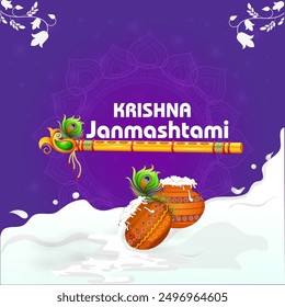 Vektorgrafik von Happy Krishna Janmashtami Hintergrund mit Sahne-Topf ( Dahi Handi )