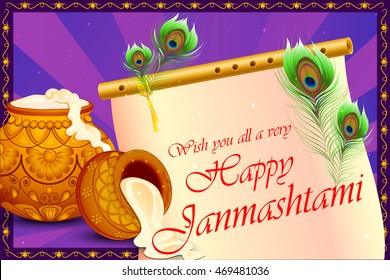 vector illustration of Happy Krishna Janmashtami background with pot of cream ( Dahi Handi )