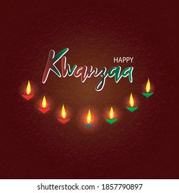 Vector illustration Of Happy Kwanzaa Greeting Card Background. Holiday lettering logo on the background of seven burning candles. Typography associated with the winter holidays. Calligraphic poster.