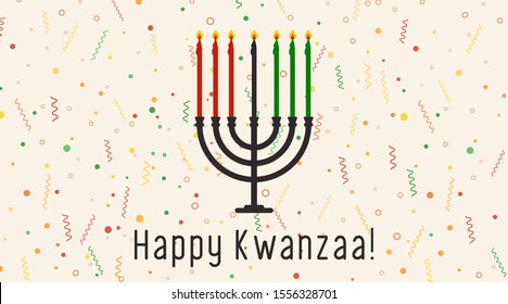 Vector illustration of Happy Kwanzaa holidays. Greeting card with Kinara, confetti and flags. Celebration of African heritage, unity, and culture