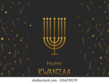 Vector illustration of Happy Kwanzaa holidays. Greeting card with Kinara and confetti in gold colors