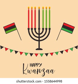 Vector illustration of Happy Kwanzaa holidays. Greeting card with Kinara and flags. Celebration of African heritage, unity, and culture