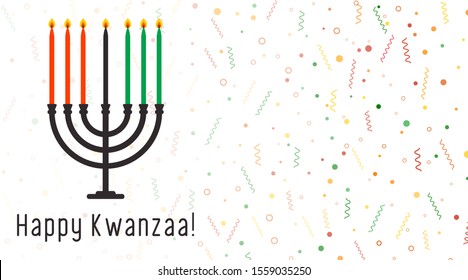 Vector illustration of Happy Kwanzaa holidays. Greeting card with kinara, confetti and flags. Celebration of African heritage, unity, and culture