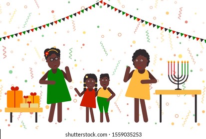 Vector illustration of Happy Kwanzaa holidays. Greeting card with happy women, children. Kinara, candles and flags. Celebration of African heritage, unity, and culture