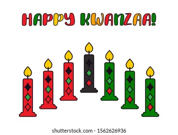 Vector illustration of Happy Kwanzaa holidays. Greeting card with menorah and candles. Celebration of African heritage, unity, and culture