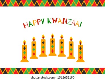 Vector illustration of Happy Kwanzaa holidays. Colorful bright greeting card with menorah and candles. Celebration of African heritage, unity, and culture