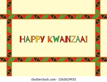 Vector illustration of Happy Kwanzaa holidays. Greeting card with the text Happy Kwanzaa in ornate frame. Celebration of African heritage, unity, and culture