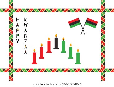 Vector illustration of Happy Kwanzaa holidays. Greeting card with seven candles and flags. Green, red and black colors. Celebration of African heritage, unity, and culture